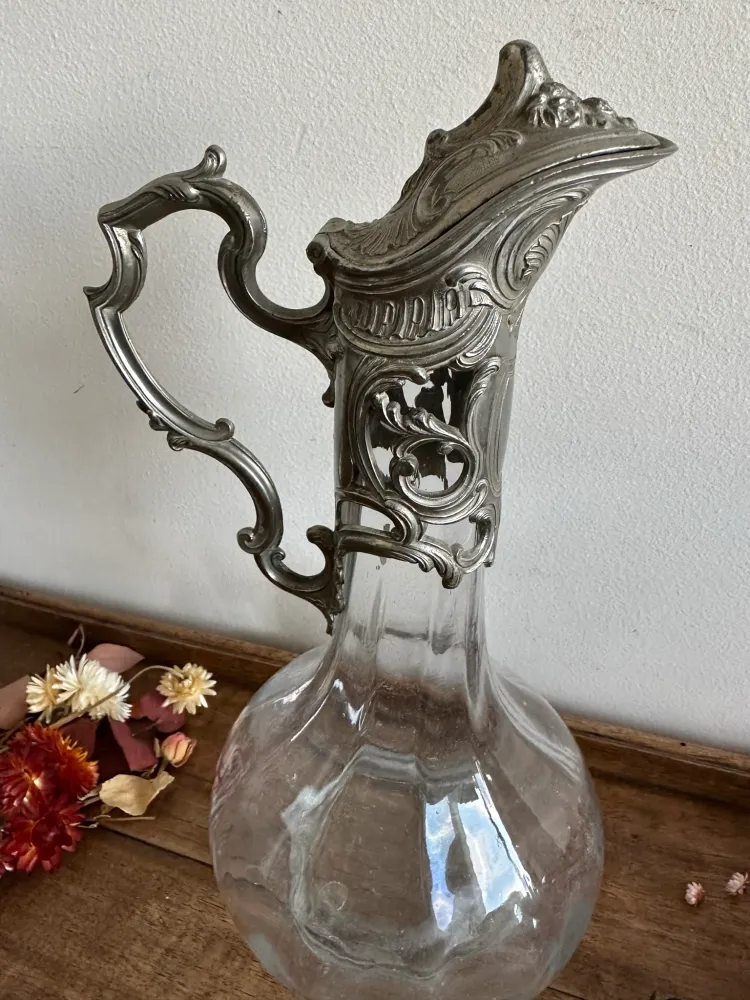 Aiguière verre moulé métal argenté art déco Style industriel