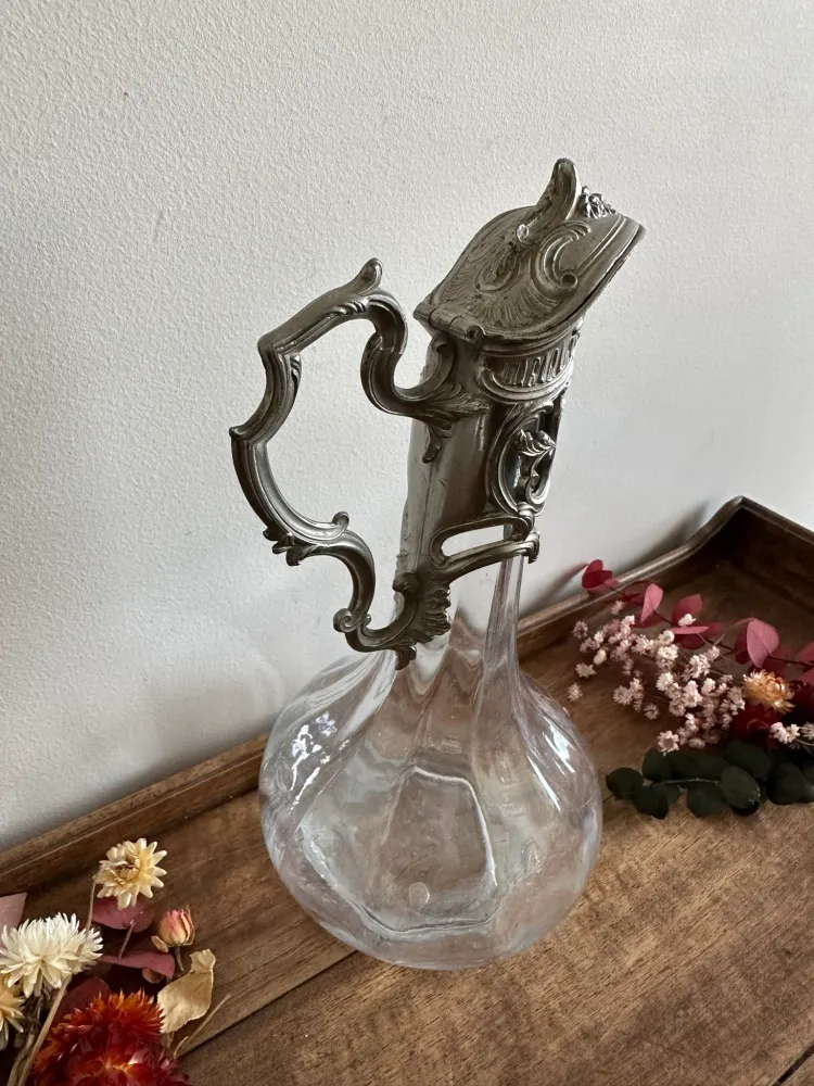 Aiguière verre moulé métal argenté art déco Style industriel