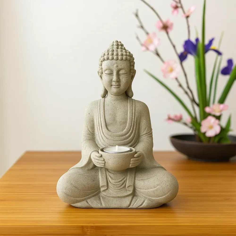 Bouddha méditant gris avec bougeoir pour chambre d'enfant