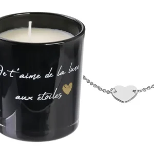 Bougie parfumée fleurs de printemps MALAGA noire & coeur doré + bracelet surprise avec base en bois