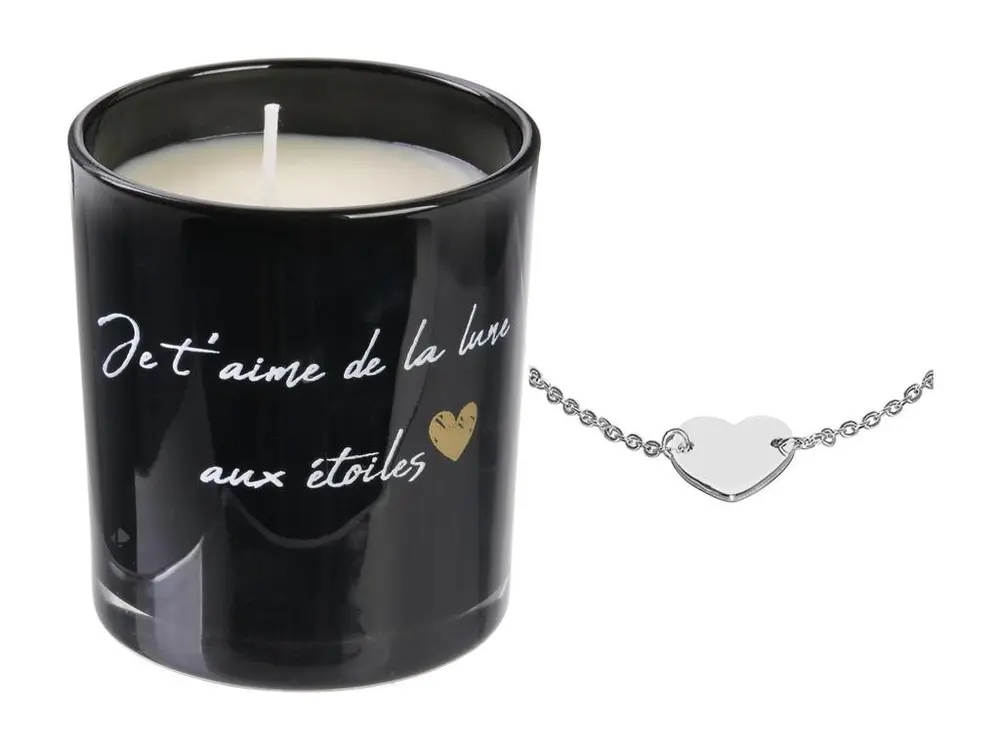 Bougie parfumée fleurs de printemps MALAGA noire & coeur doré + bracelet surprise avec base en bois