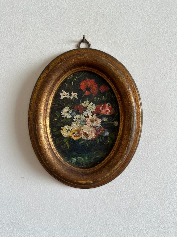 Guirlande lumineuse Bouquets de fleurs peints fond noir cadre ovale doré en bois Bouquet