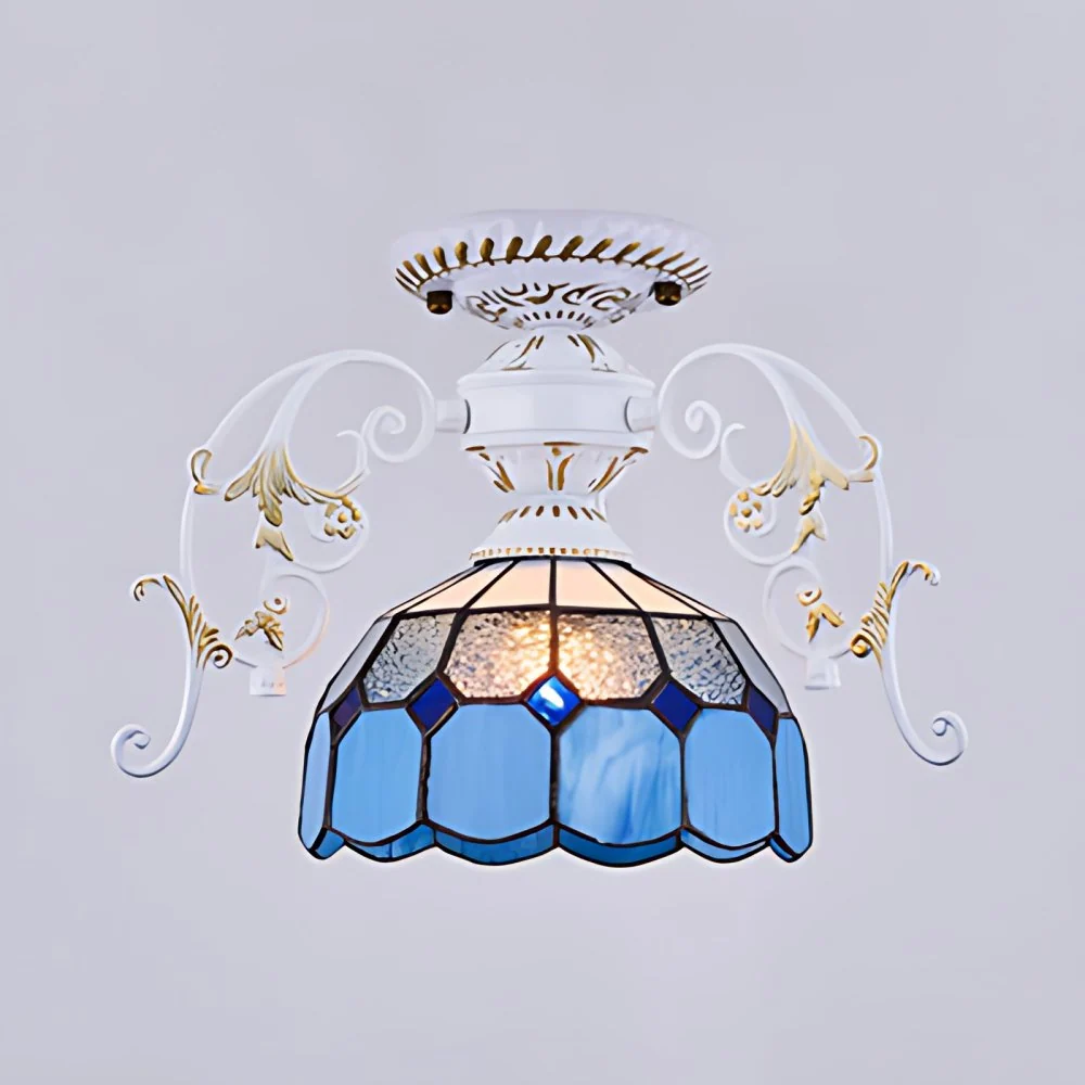 Halbbündige Leuchte mit weißem Finish und Kuppelschirm aus Buntglas im Tiffany-Stil, 1-flammige Deckenleuchte Gelb/Orange/...