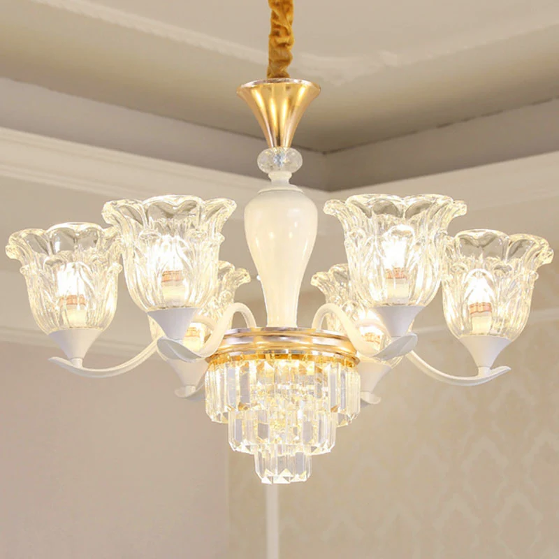 Klarer Kristallblumen-Deckenleuchter, einfaches weißes Pendelleuchten-Set für das Esszimmer Éclairage chaud 2700K