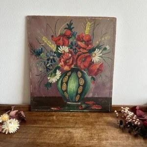Lampe à lave Peinture bouquet de fleurs sur bois signée année 1936