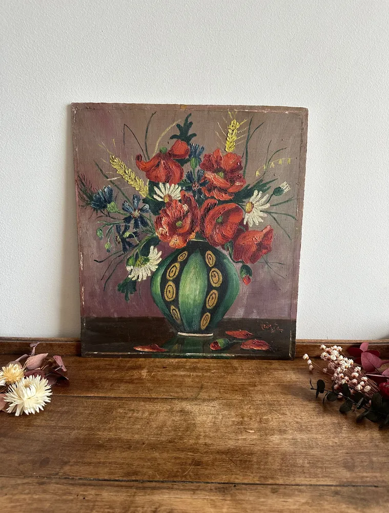 Lampe à lave Peinture bouquet de fleurs sur bois signée année 1936