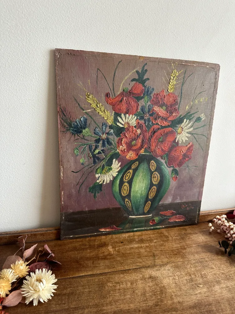 Lampe à lave Peinture bouquet de fleurs sur bois signée année 1936