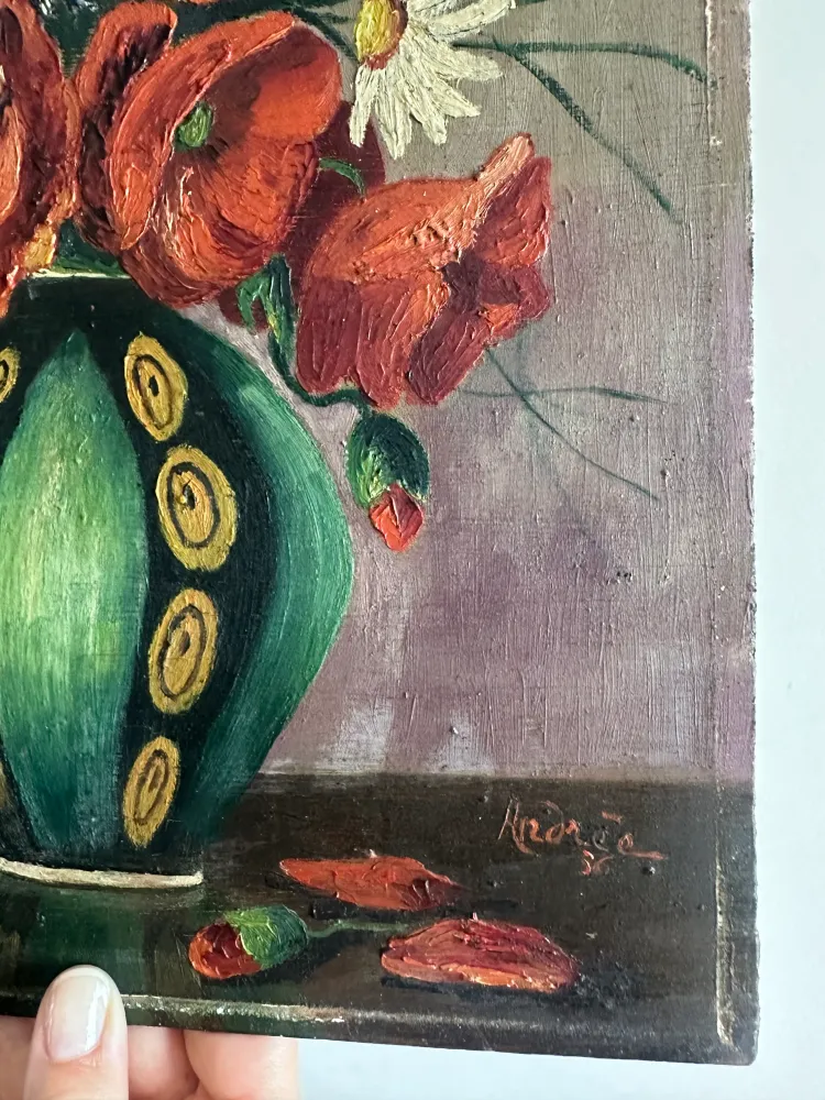 Lampe à lave Peinture bouquet de fleurs sur bois signée année 1936