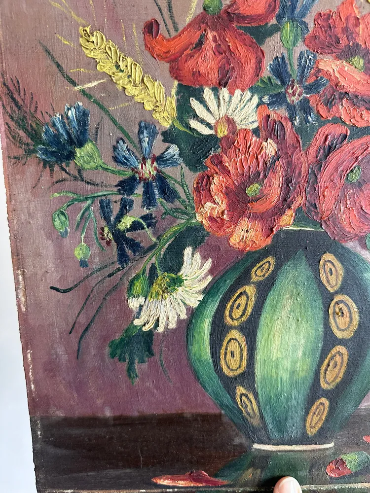 Lampe à lave Peinture bouquet de fleurs sur bois signée année 1936