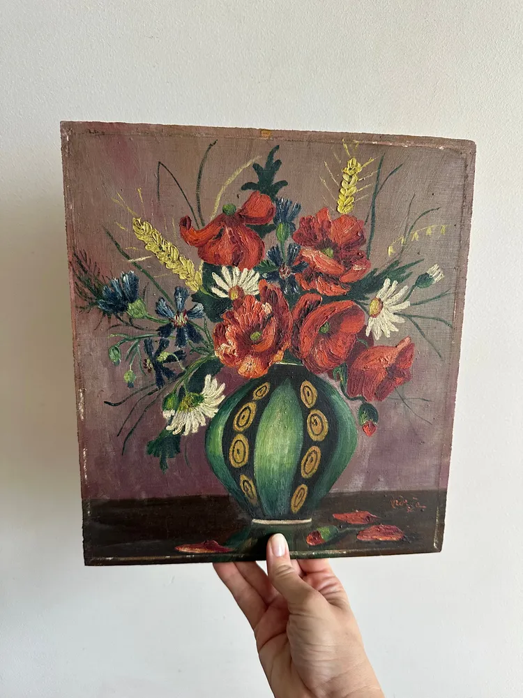 Lampe à lave Peinture bouquet de fleurs sur bois signée année 1936
