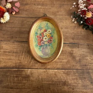 Lustre à cristaux Peinture florale signée ovale en bois doré