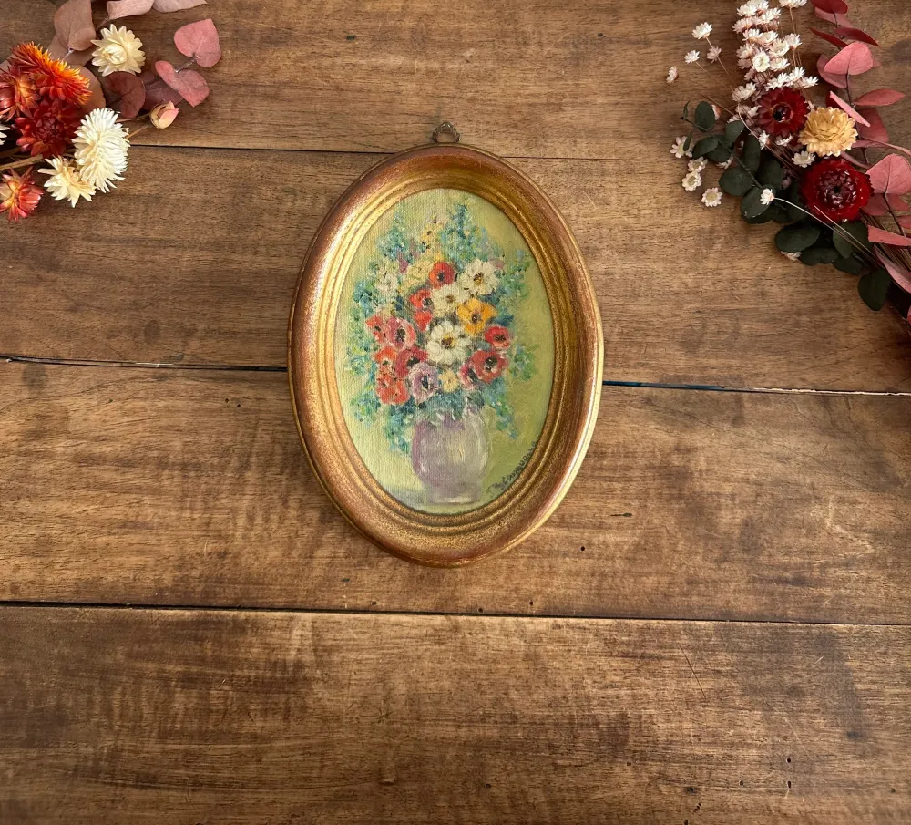 Lustre à cristaux Peinture florale signée ovale en bois doré