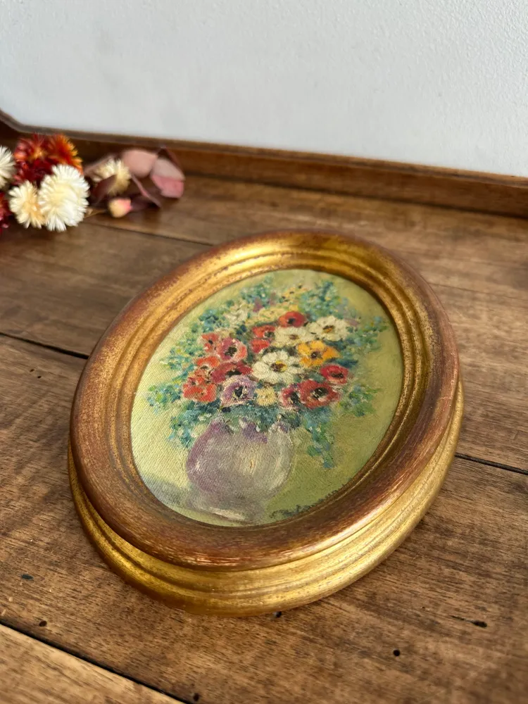 Lustre à cristaux Peinture florale signée ovale en bois doré