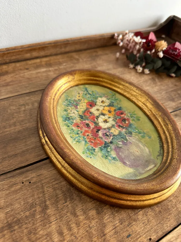 Lustre à cristaux Peinture florale signée ovale en bois doré