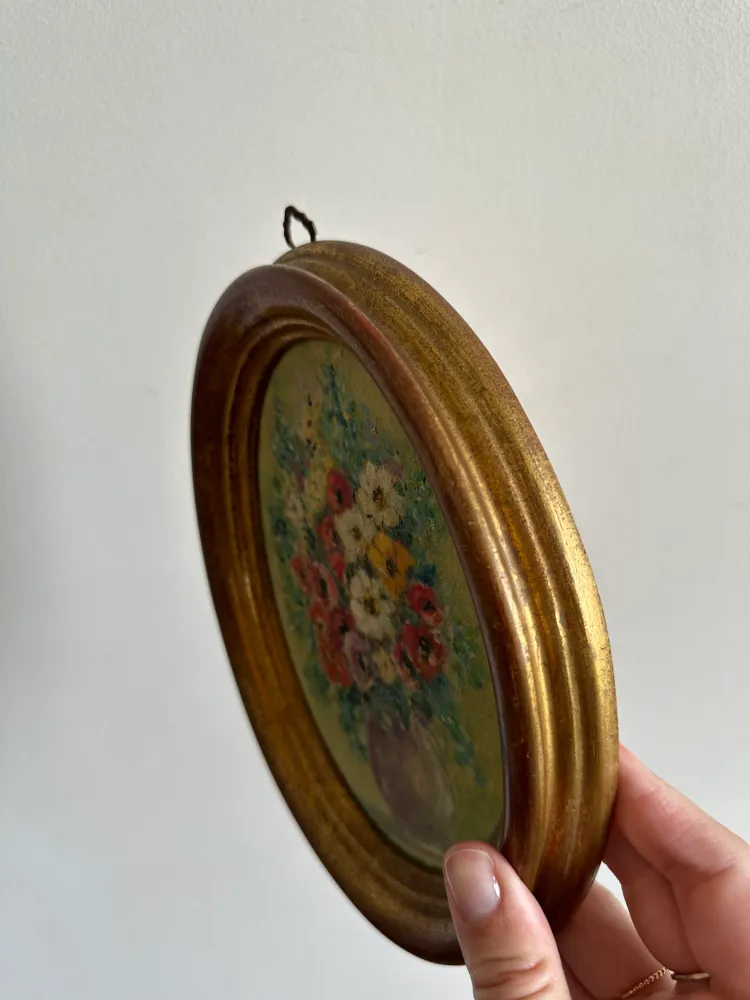 Lustre à cristaux Peinture florale signée ovale en bois doré