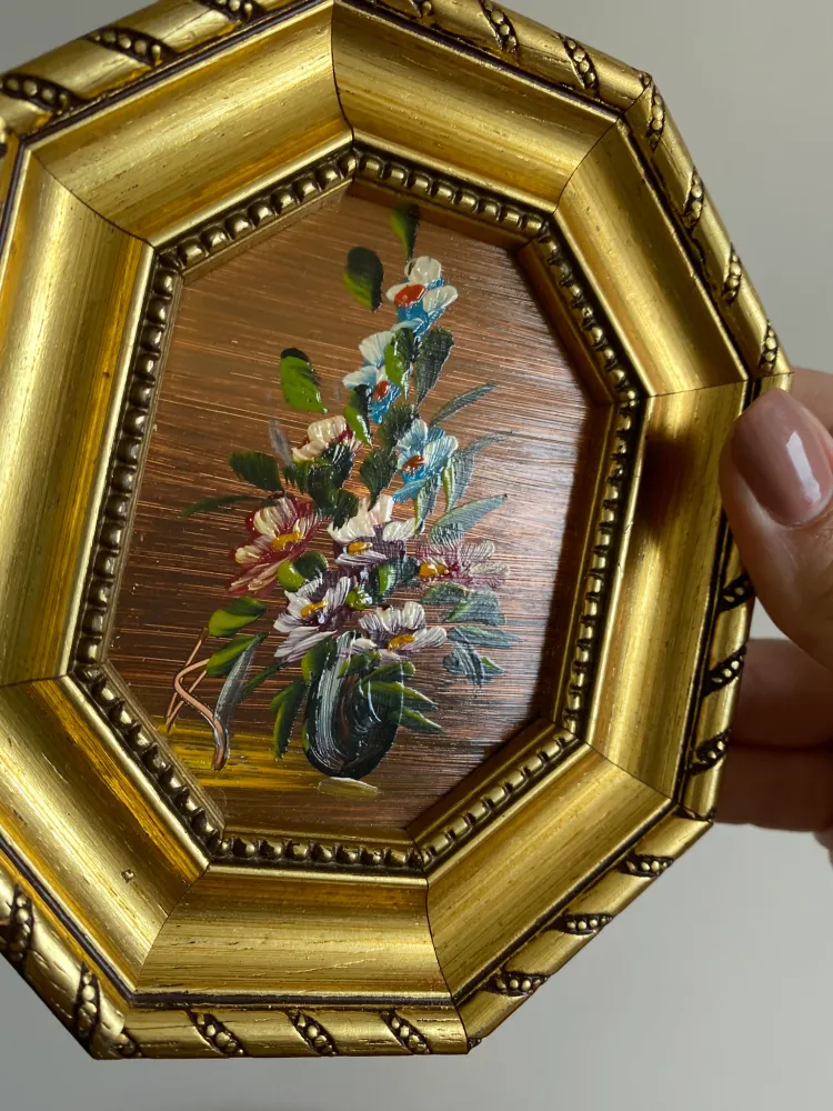 Peinture bouquet de fleurs signé cadre octogonal en bois doré avec 16 couleurs RVB Petites