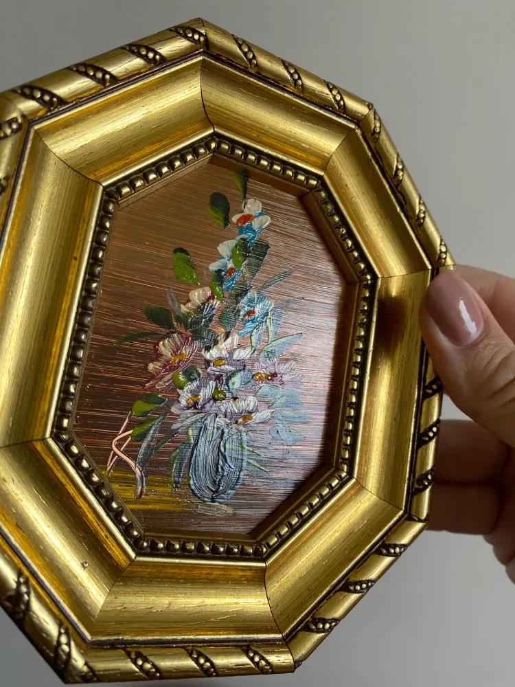 Peinture bouquet de fleurs signé cadre octogonal en bois doré avec 16 couleurs RVB Petites