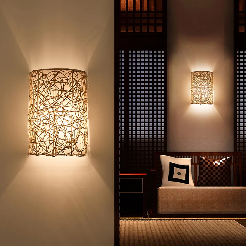Rattan-Halbzylinder-Wandleuchte im nordischen Stil, einzelne Wandleuchte für den Flur avec effet scintillant