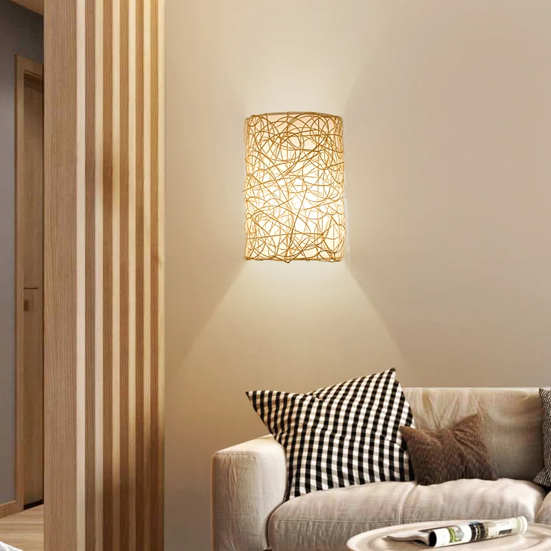 Rattan-Halbzylinder-Wandleuchte im nordischen Stil, einzelne Wandleuchte für den Flur avec effet scintillant