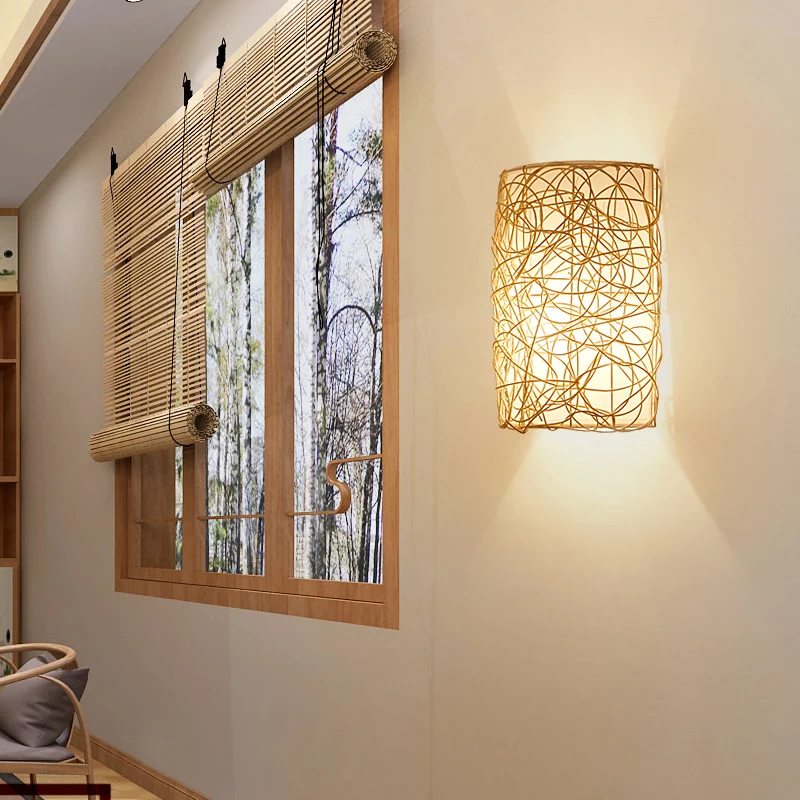 Rattan-Halbzylinder-Wandleuchte im nordischen Stil, einzelne Wandleuchte für den Flur avec effet scintillant