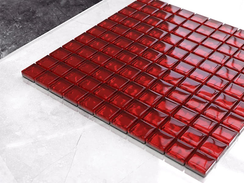 Mosaïque en verre sur filet pour salle de bain ou cuisine 30 cm x 30 cm - Red saumon