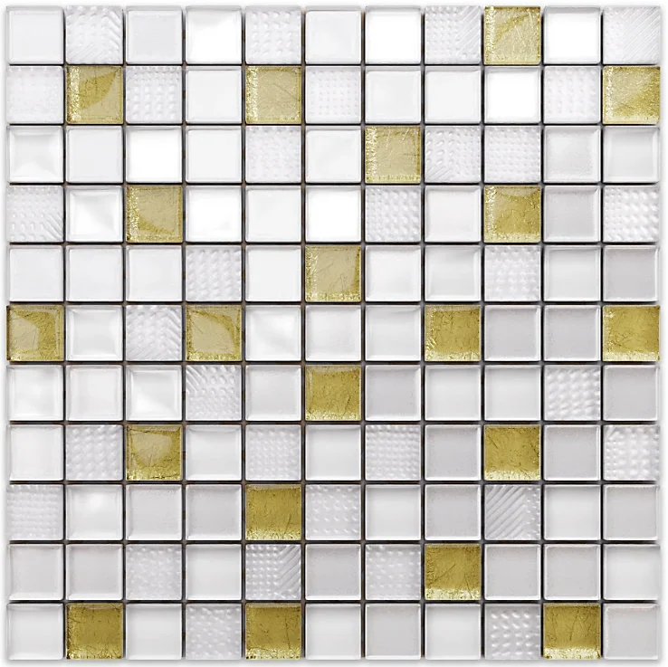 Mosaïque en verre sur filet pour salle de bain ou cuisine 30 cm x 30 cm - Crushed blanc pur gold