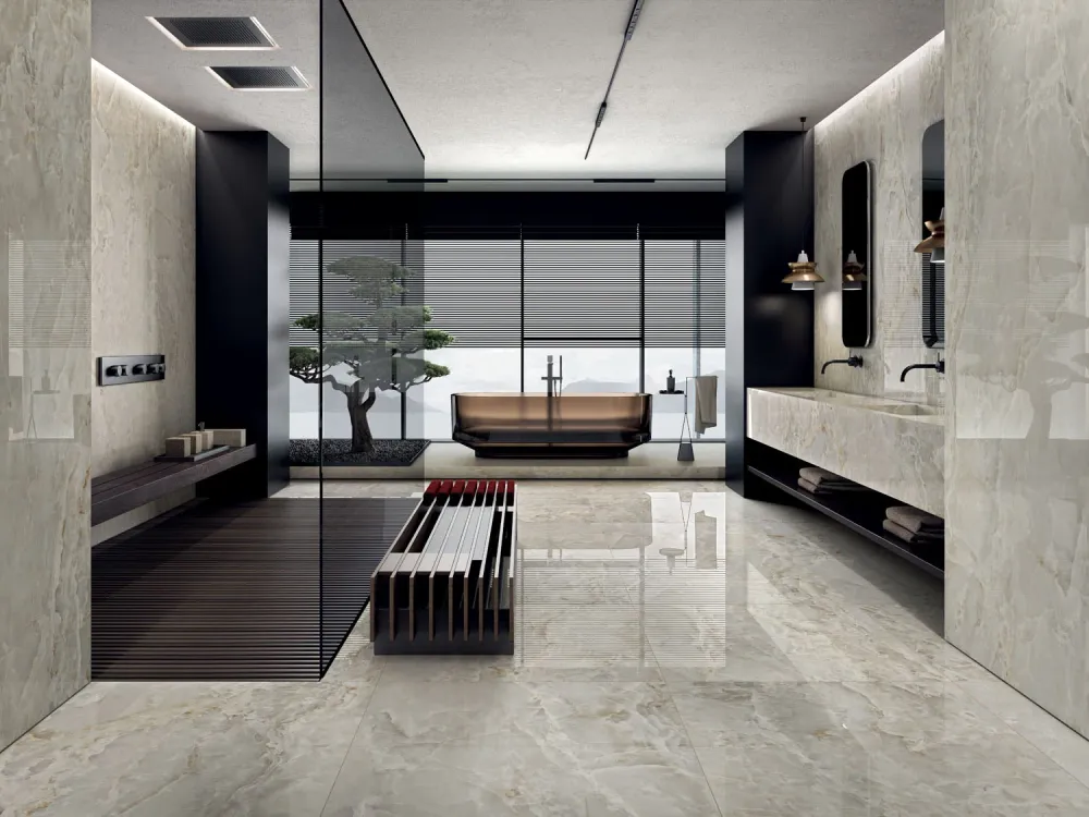 Tuile de céramique porcelaine - Collection Onyx Pearl disponible en 3 tailles, 1 couleur et 2 finitions.