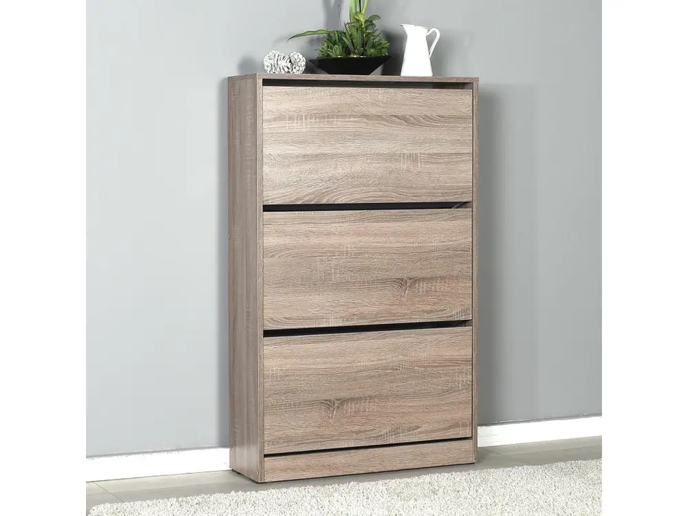 Commode à chaussures de 3 abattants coloris Chêne Cambrian - longueur 73 x profondeur 26 x hauteur 119 cm