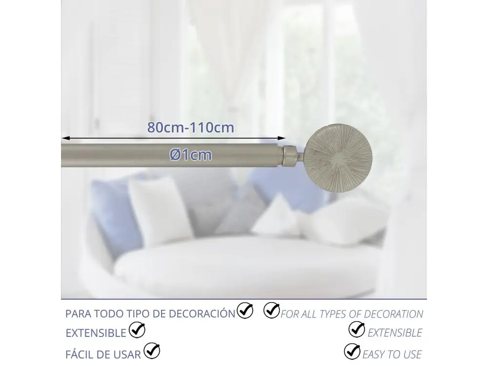 Tringle Extensible Rond Strie 80x110 Cm - Argent avec système de verrouillage