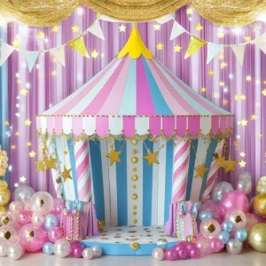 Toile de fond Cirque Tente Rayée Ballons Dorés GQ5-121 Acier massif