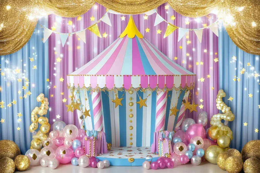 Toile de fond Cirque Tente Rayée Ballons Dorés GQ5-121 Acier massif