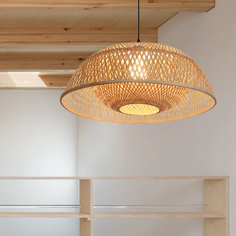 Rampant LED Dome Pendant Lighting Tradition Bambus 1 Glühbirne 18"/23,5" breites Holz-Hängelampen-Set