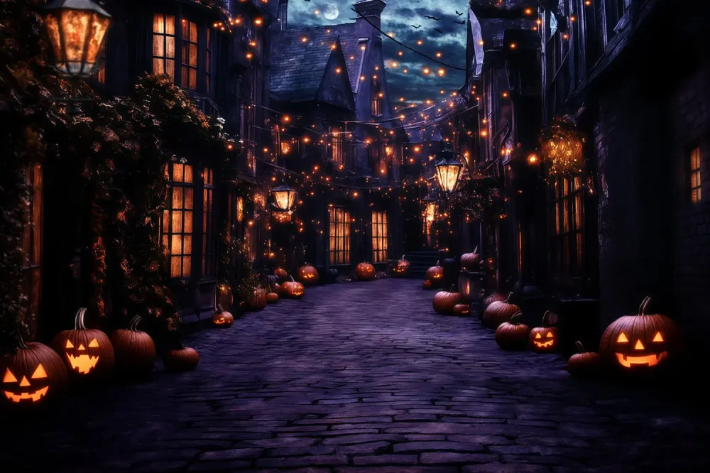 Toile de fond Halloween Village Fantomatique Lanterne Nuit GQ6-249