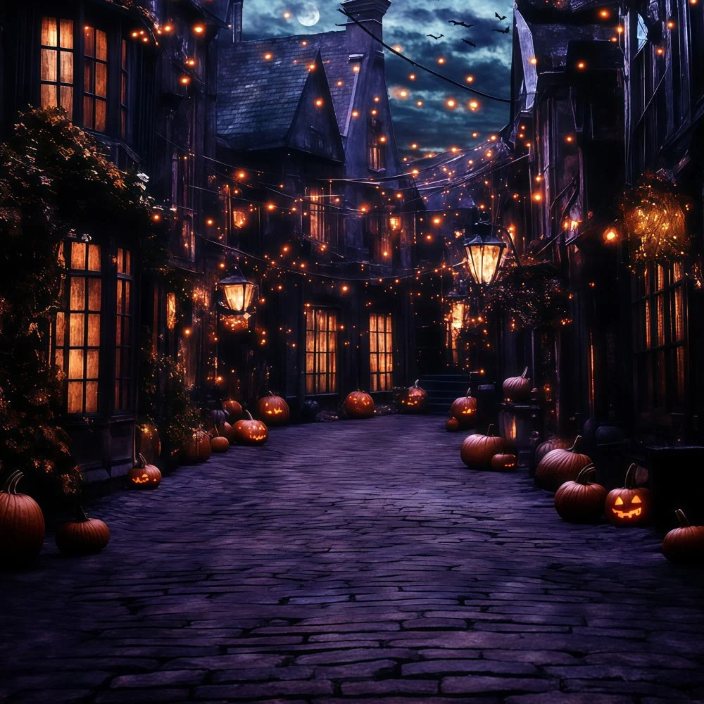 Toile de fond Halloween Village Fantomatique Lanterne Nuit GQ6-249