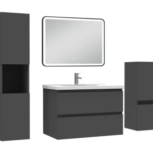Certifié CE Meuble salle de Bain 80cm avec colonne + miroir mural lumineux 3 couleurs Anthracite