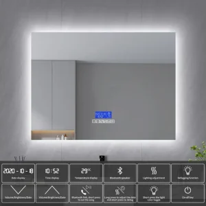 Miroir Salle de Bain avec Éclairage - 120 x 80 cm - Miroir LED Salle de Bain - avec Tactile, Anti-buée, Bluetooth, Horloge...