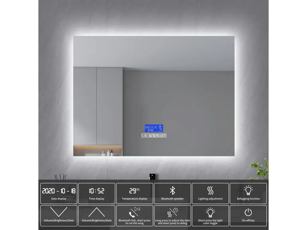 Miroir Salle de Bain avec Éclairage - 120 x 80 cm - Miroir LED Salle de Bain - avec Tactile, Anti-buée, Bluetooth, Horloge...