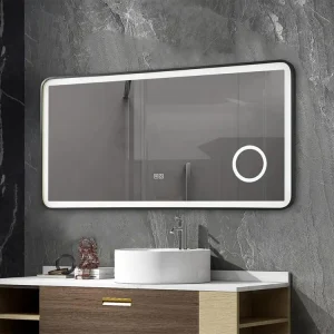 Miroir salle de bain LED 110x60cm anti buée avec cadre en aluminium noir et loupe x3 LB-4685B en verre opalin