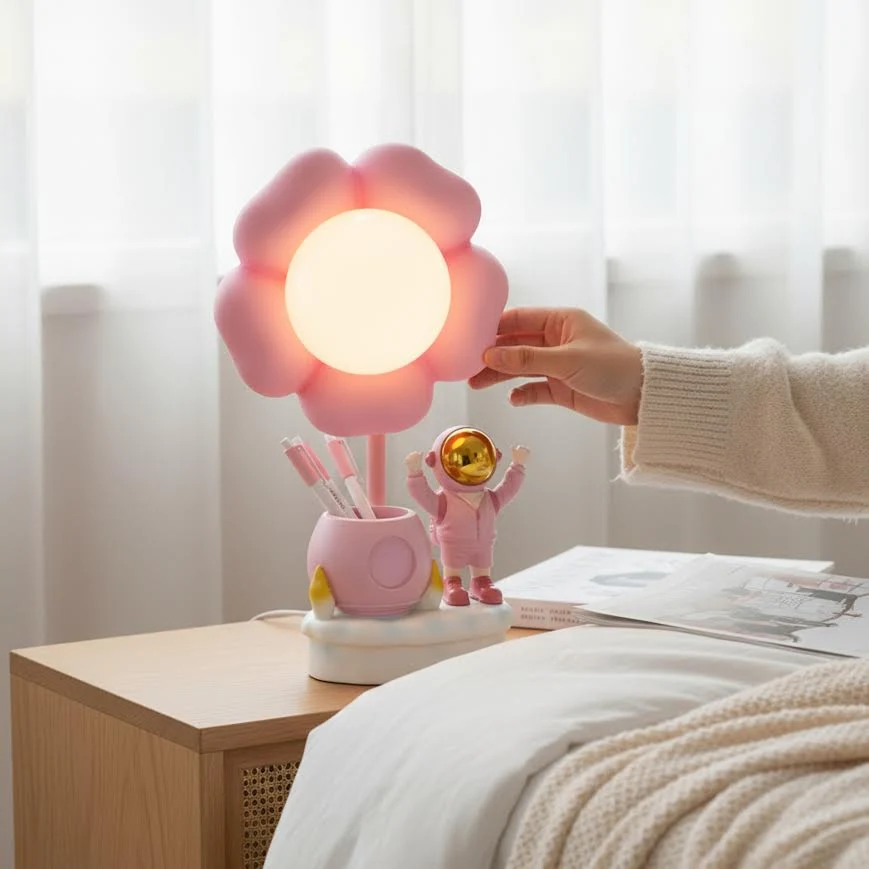 Astronaut Figurine Desk Lamp Flower - Rose vif