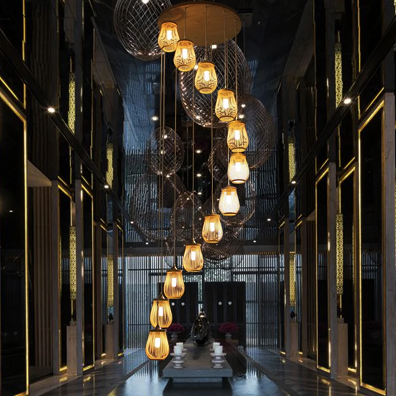 Éclairage suspendu multi-lumière en forme de poire en bambou, éclairage contemporain suspendu en bois pour escalier
