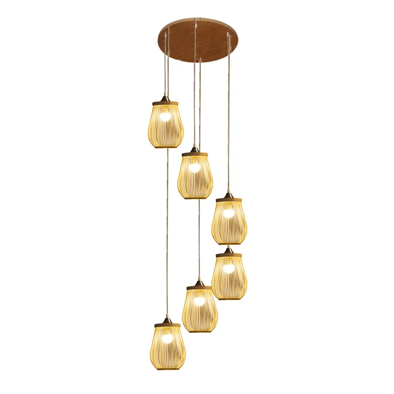 Éclairage suspendu multi-lumière en forme de poire en bambou, éclairage contemporain suspendu en bois pour escalier