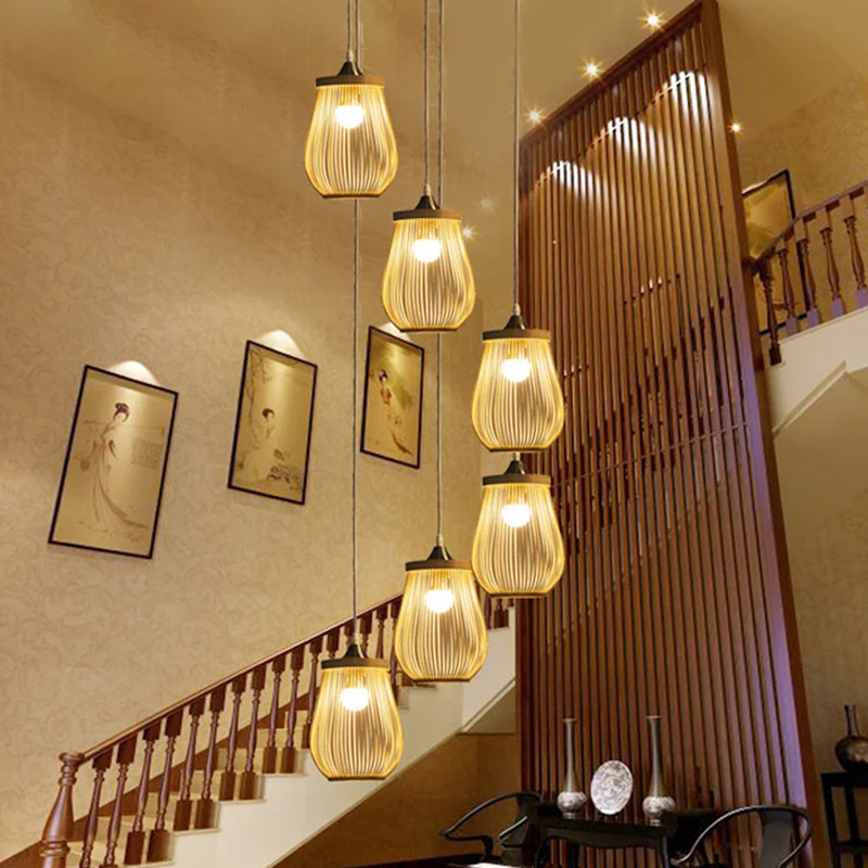 Éclairage suspendu multi-lumière en forme de poire en bambou, éclairage contemporain suspendu en bois pour escalier