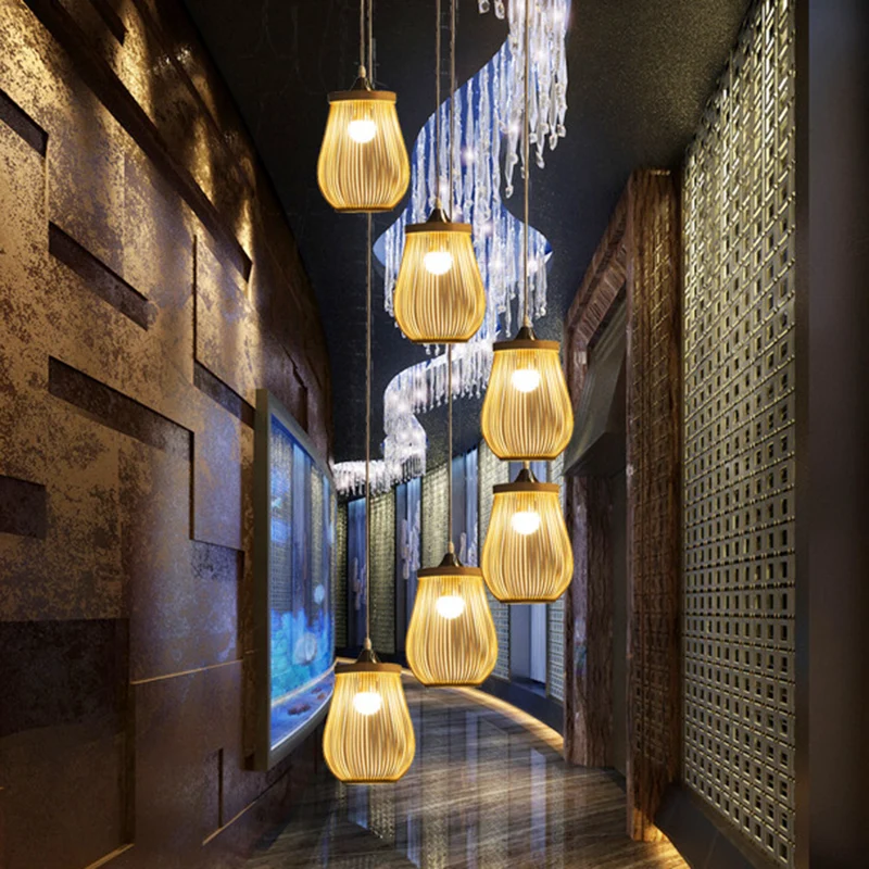 Éclairage suspendu multi-lumière en forme de poire en bambou, éclairage contemporain suspendu en bois pour escalier