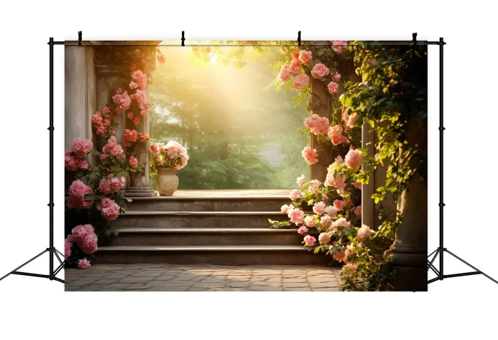 Fond Photo Floral Escaliers de Jardin de Roses Romantiques BRP2-91