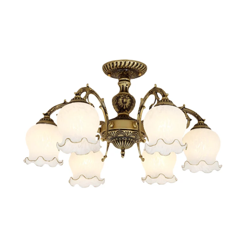 Lampe semi-encastrée en verre blanc givré et cuivre étain, éclairage de plafond antique à 3/5/6 ampoules, fleur