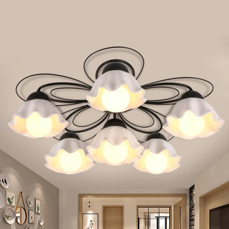 Luminaire encastré habituel en verre blanc festonné, 3/5/6 lumières noires, montage au plafond, pour chambre à coucher