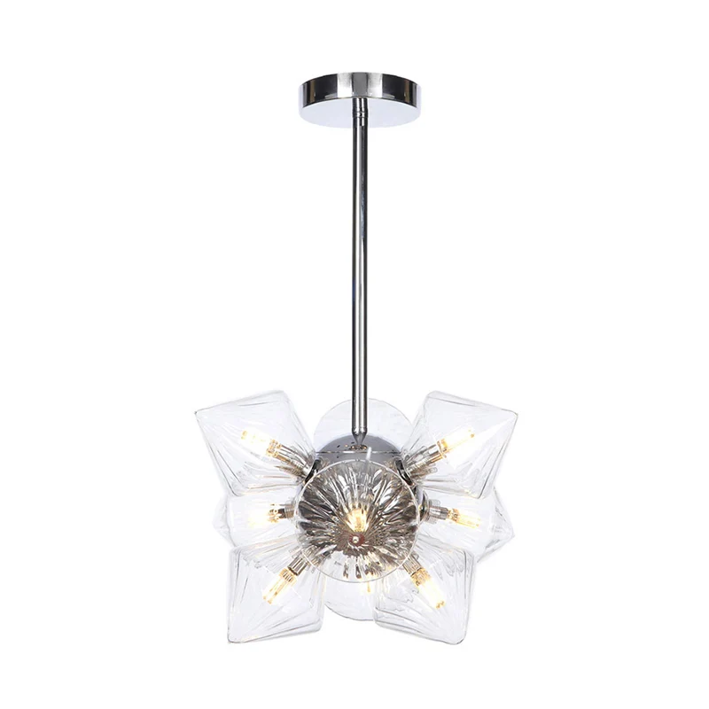 Plafonnier semi-encastré à prisme noir/chromé, Rétro, verre nervuré clair/ambre, 9/12 lumières, plafonnier de salon