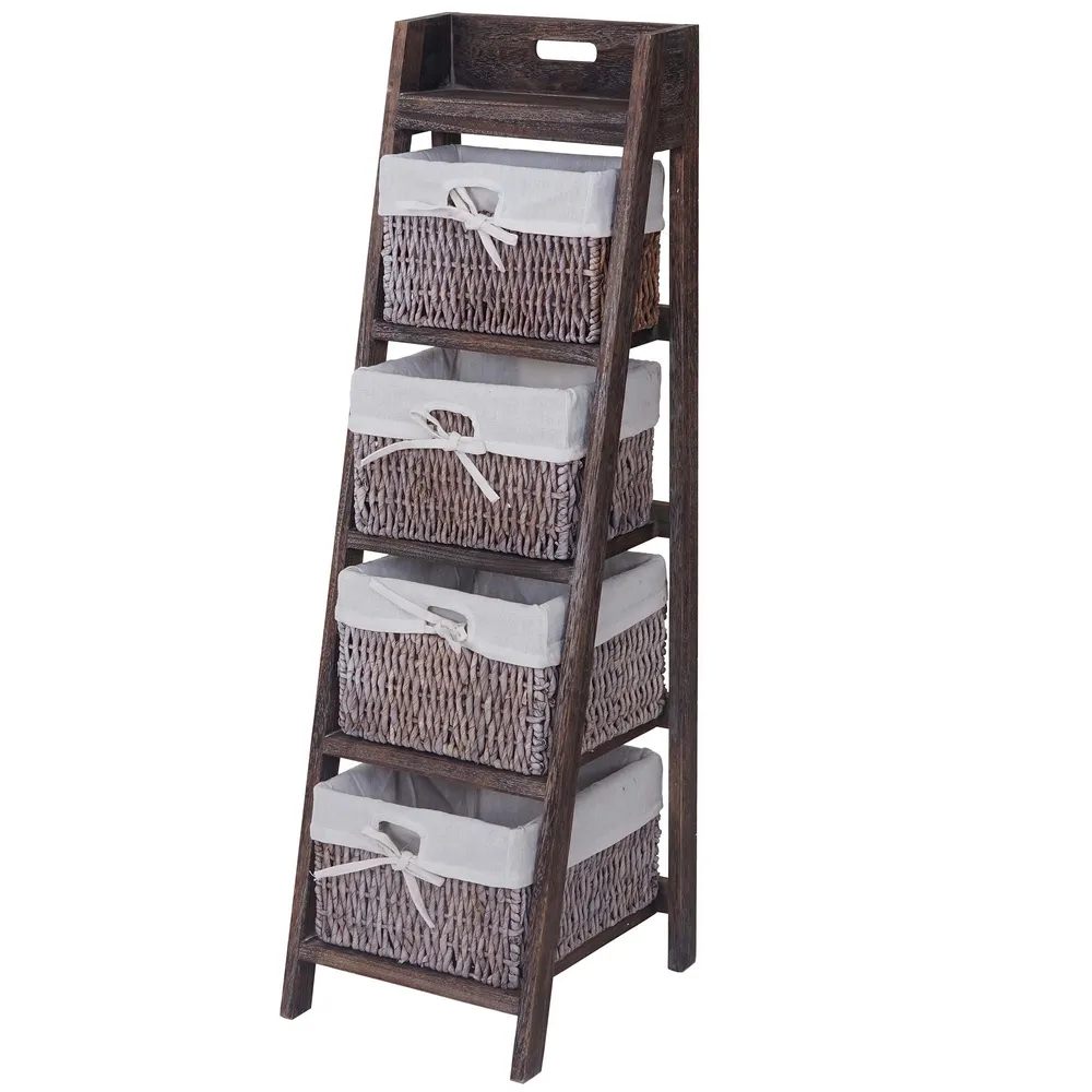 Étagère échelle sur pied avec 4 paniers 101x30cm en bois marron vieilli vieux 04_0002546