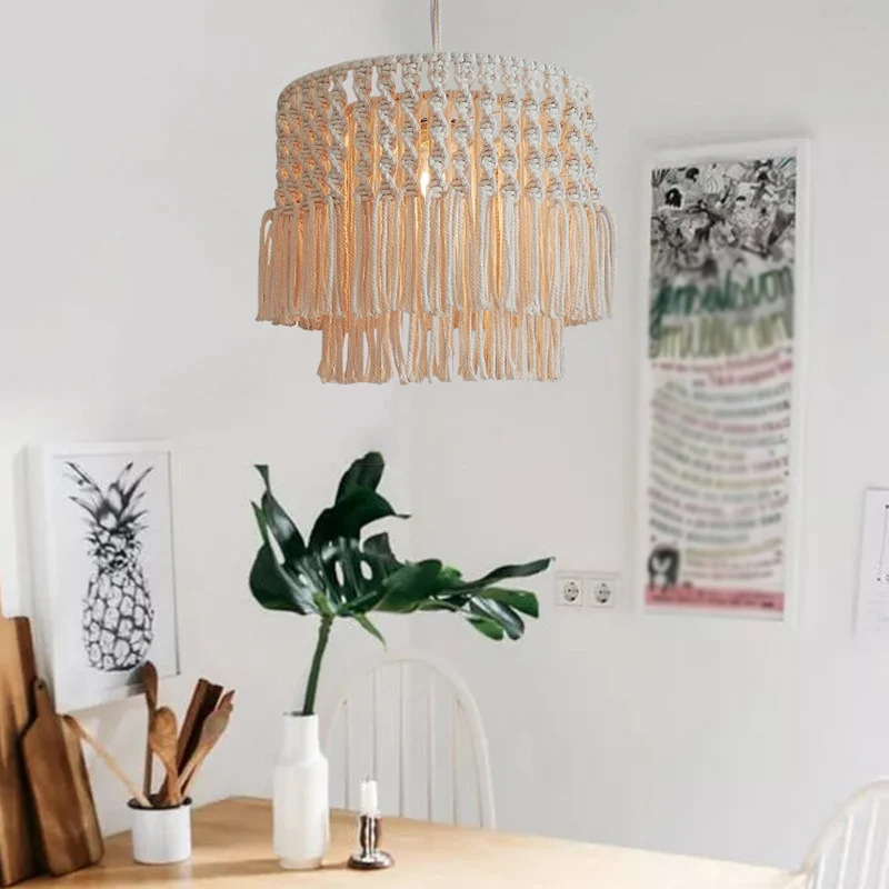 Plafonnier à franges et pampilles en corde de jute, pendule rural à 1 lumière pour salon, naturel