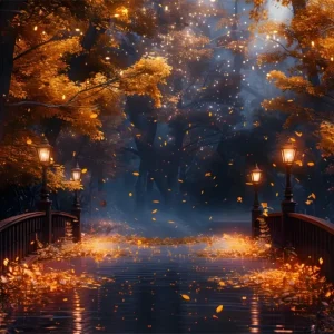 Toile de fond de nuit magique d'automne avec pont éclairé par des lampes RR7-348